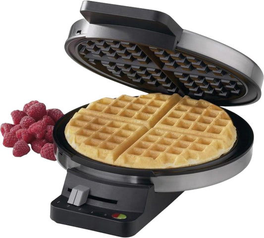 1250W Round Classic Waffle Maker with 5 Browning Settings, Brushed Stainless Steel