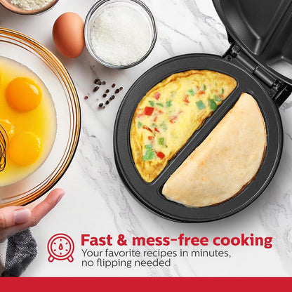 Housewares Stainless Steel 2 Section Omelet & Frittata Maker, Non Stick Coating, Easy To Clean, Indicator Lights, Compact Storage, Prepare Versatile Recipes in Minutes. 2 Portions, Black