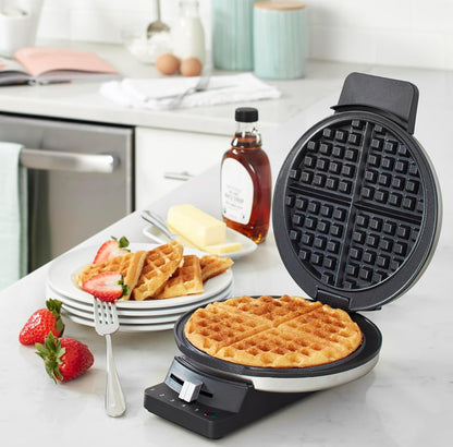 1250W Round Classic Waffle Maker with 5 Browning Settings, Brushed Stainless Steel