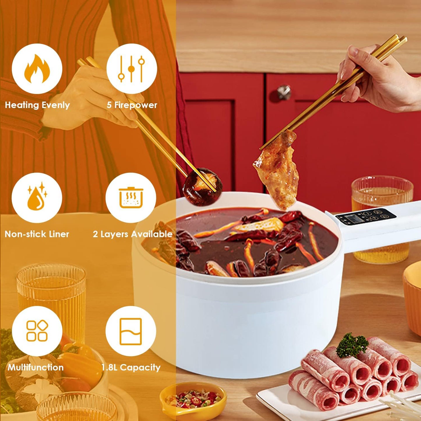 Smart 1.8L Electric Hot Pot – Non-Stick Multifunction Cooker for Ramen, Rice, and Soup, Easy One-Touch Control, Gold Finish