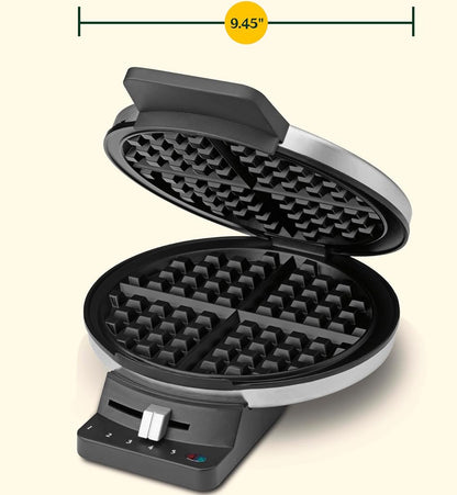 1250W Round Classic Waffle Maker with 5 Browning Settings, Brushed Stainless Steel
