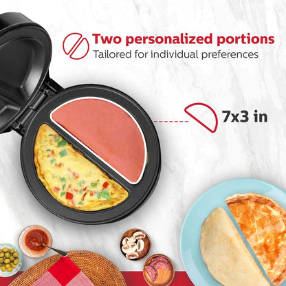Housewares Stainless Steel 2 Section Omelet & Frittata Maker, Non Stick Coating, Easy To Clean, Indicator Lights, Compact Storage, Prepare Versatile Recipes in Minutes. 2 Portions, Black