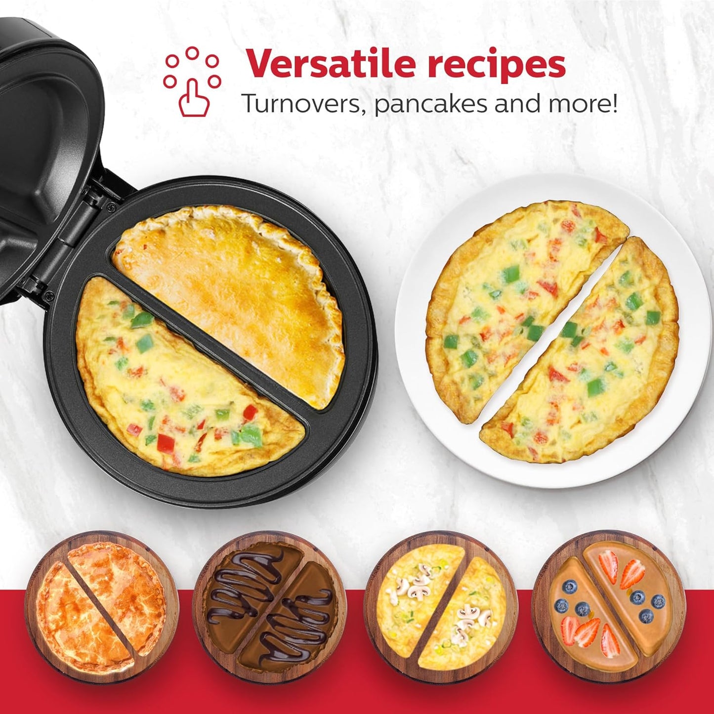 Housewares Stainless Steel 2 Section Omelet & Frittata Maker, Non Stick Coating, Easy To Clean, Indicator Lights, Compact Storage, Prepare Versatile Recipes in Minutes. 2 Portions, Black