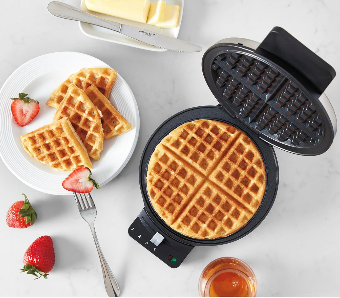 1250W Round Classic Waffle Maker with 5 Browning Settings, Brushed Stainless Steel