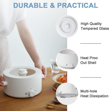 Hot Pot Electric,2L Ceramic Glaze Non-stick Pan, Portable Hot Pot with Dual Power Adjustment, Electric Cooker for Egg, Ramen, Oatmeal,Soup Quick Heating and Overheat Protection